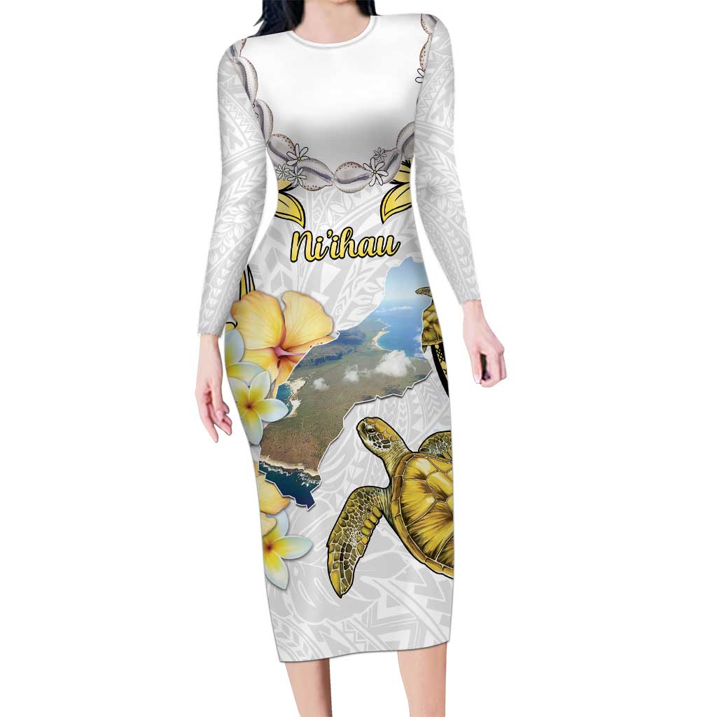 Personalised Aloha Hawaii Niihau Island Long Sleeve Bodycon Dress Forbidden Isle Map Shell Lei LT14 Long Dress Yellow - Polynesian Pride