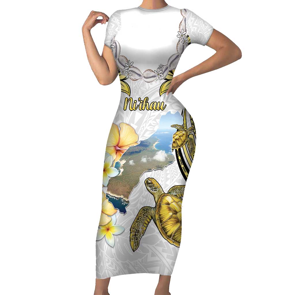 Personalised Aloha Hawaii Niihau Island Short Sleeve Bodycon Dress Forbidden Isle Map Shell Lei LT14 Long Dress Yellow - Polynesian Pride