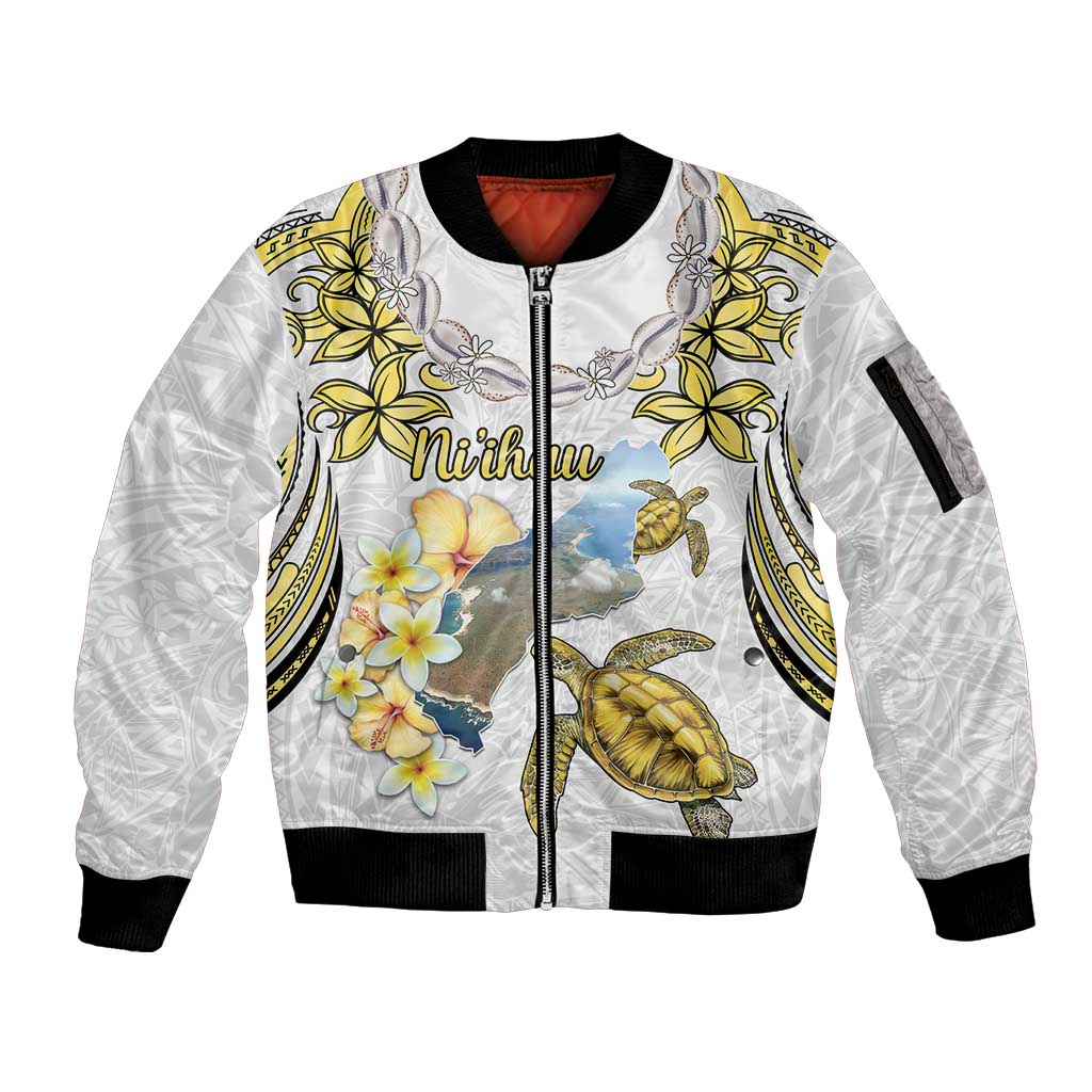 Personalised Aloha Hawaii Niihau Island Sleeve Zip Bomber Jacket Forbidden Isle Map Shell Lei LT14 Unisex Yellow - Polynesian Pride