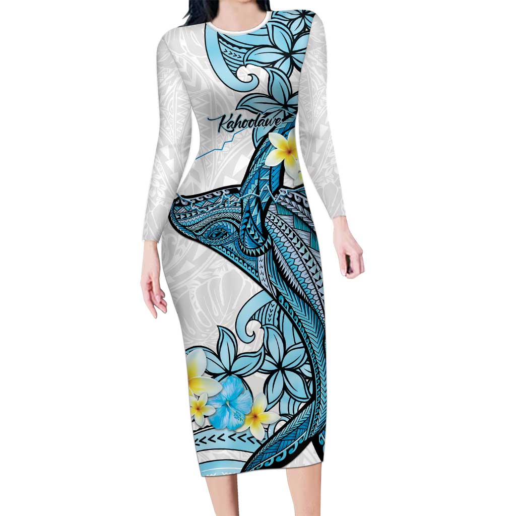 Personalised Aloha Hawaii Kahoolawe Island Long Sleeve Bodycon Dress Target Isle Map With Humpback Whale LT14 Long Dress Blue - Polynesian Pride