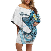 Personalised Aloha Hawaii Kahoolawe Island Off Shoulder Short Dress Target Isle Map With Humpback Whale LT14 Women Blue - Polynesian Pride