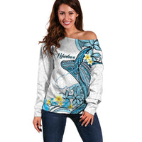 Personalised Aloha Hawaii Kahoolawe Island Off Shoulder Sweater Target Isle Map With Humpback Whale LT14 Women Blue - Polynesian Pride