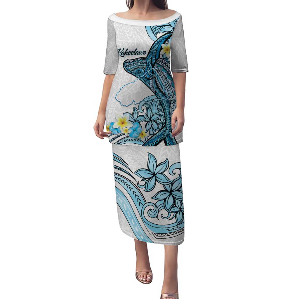 Personalised Aloha Hawaii Kahoolawe Island Puletasi Target Isle Map With Humpback Whale LT14 Long Dress Blue - Polynesian Pride