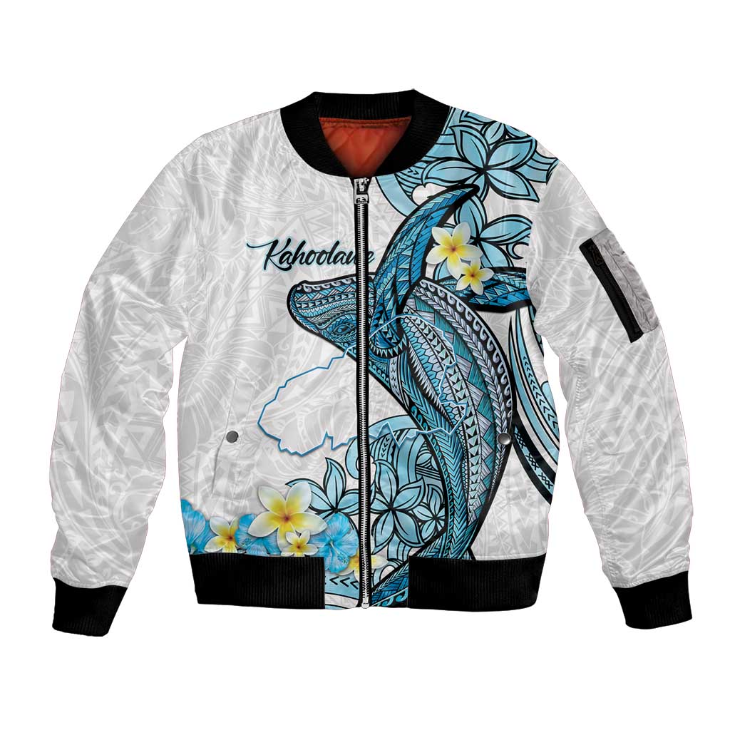 Personalised Aloha Hawaii Kahoolawe Island Sleeve Zip Bomber Jacket Target Isle Map With Humpback Whale LT14 Unisex Blue - Polynesian Pride