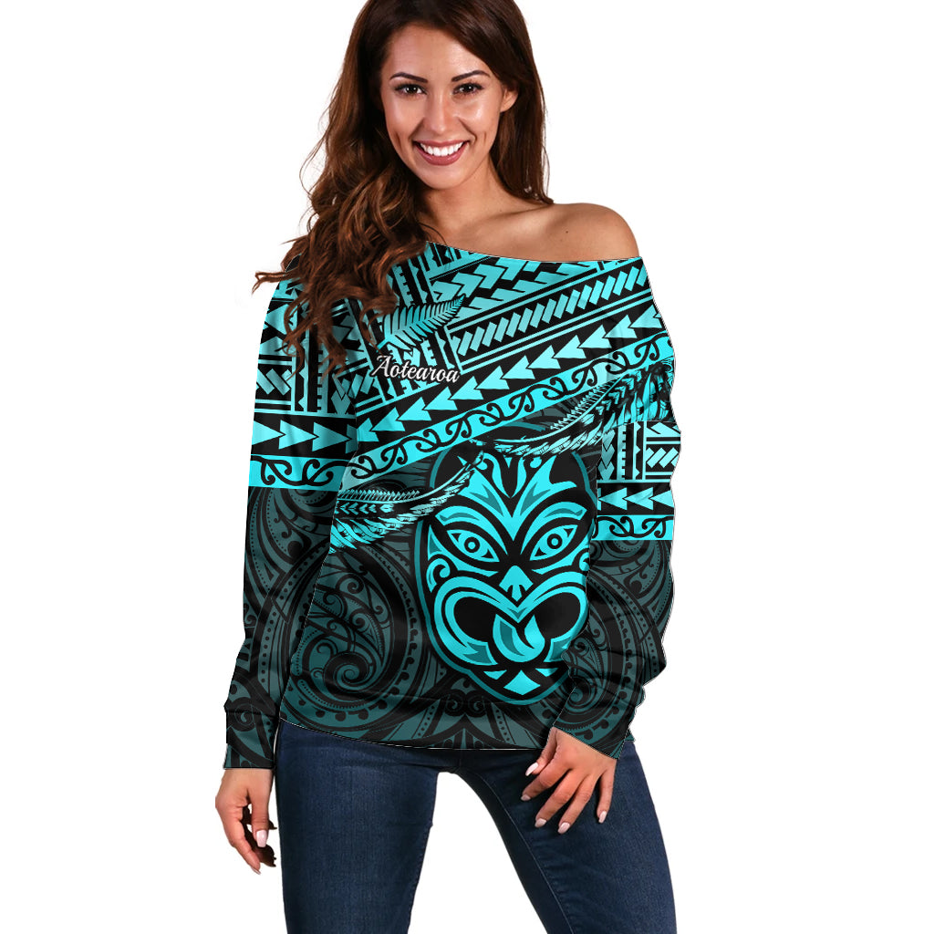 Matariki New Zealand Off Shoulder Sweater Maori New Year Tiki Turquoise Version LT14