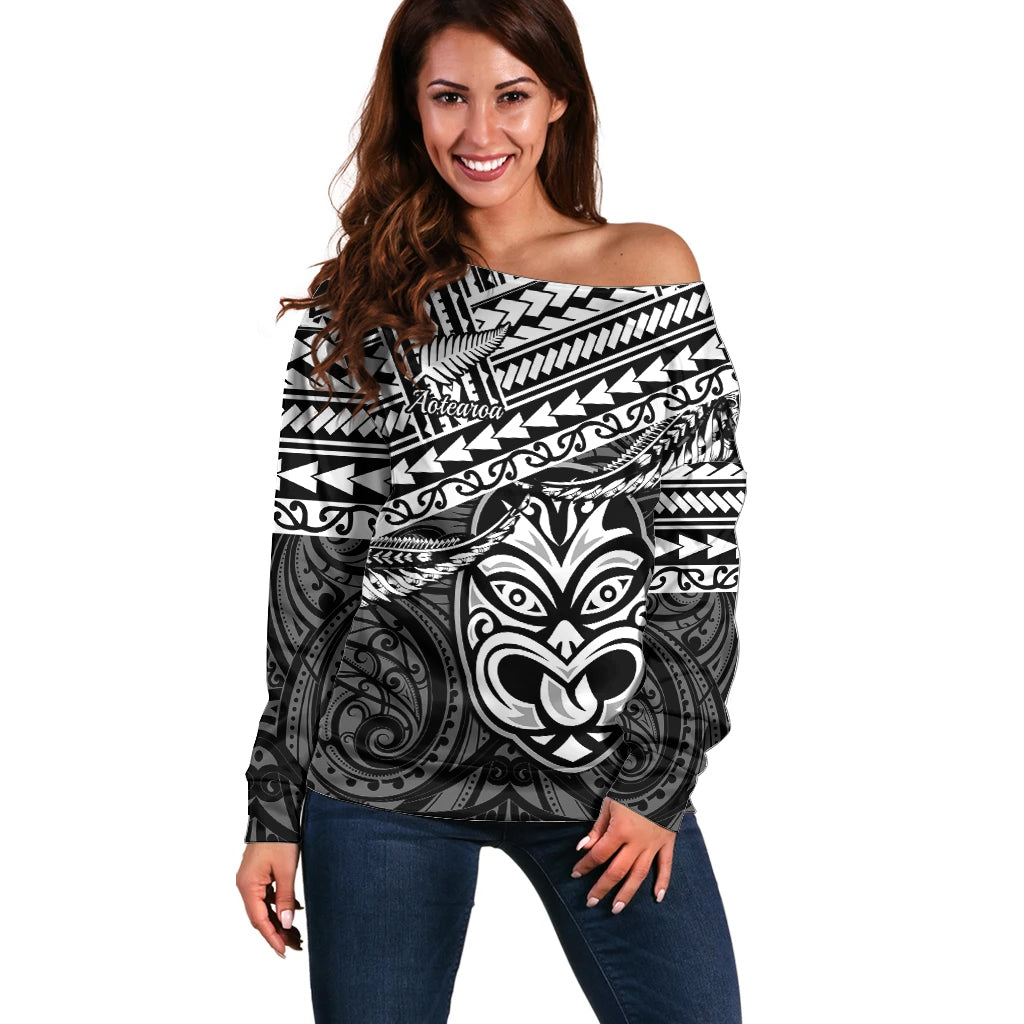 Matariki New Zealand Off Shoulder Sweater Maori New Year Tiki Black Version LT14 Women Black - Polynesian Pride
