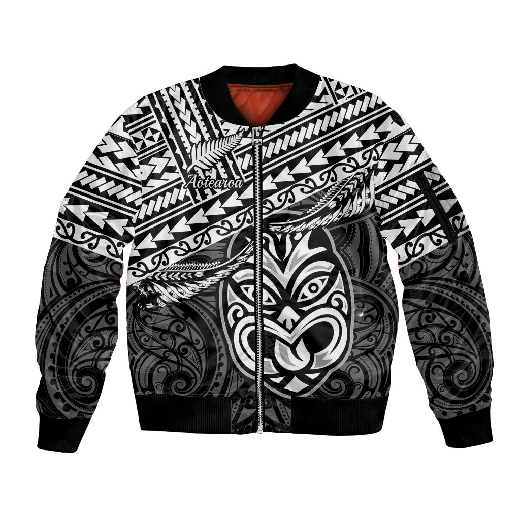 Matariki New Zealand Sleeve Zip Bomber Jacket Maori New Year Tiki Black Version LT14 Unisex Black - Polynesian Pride