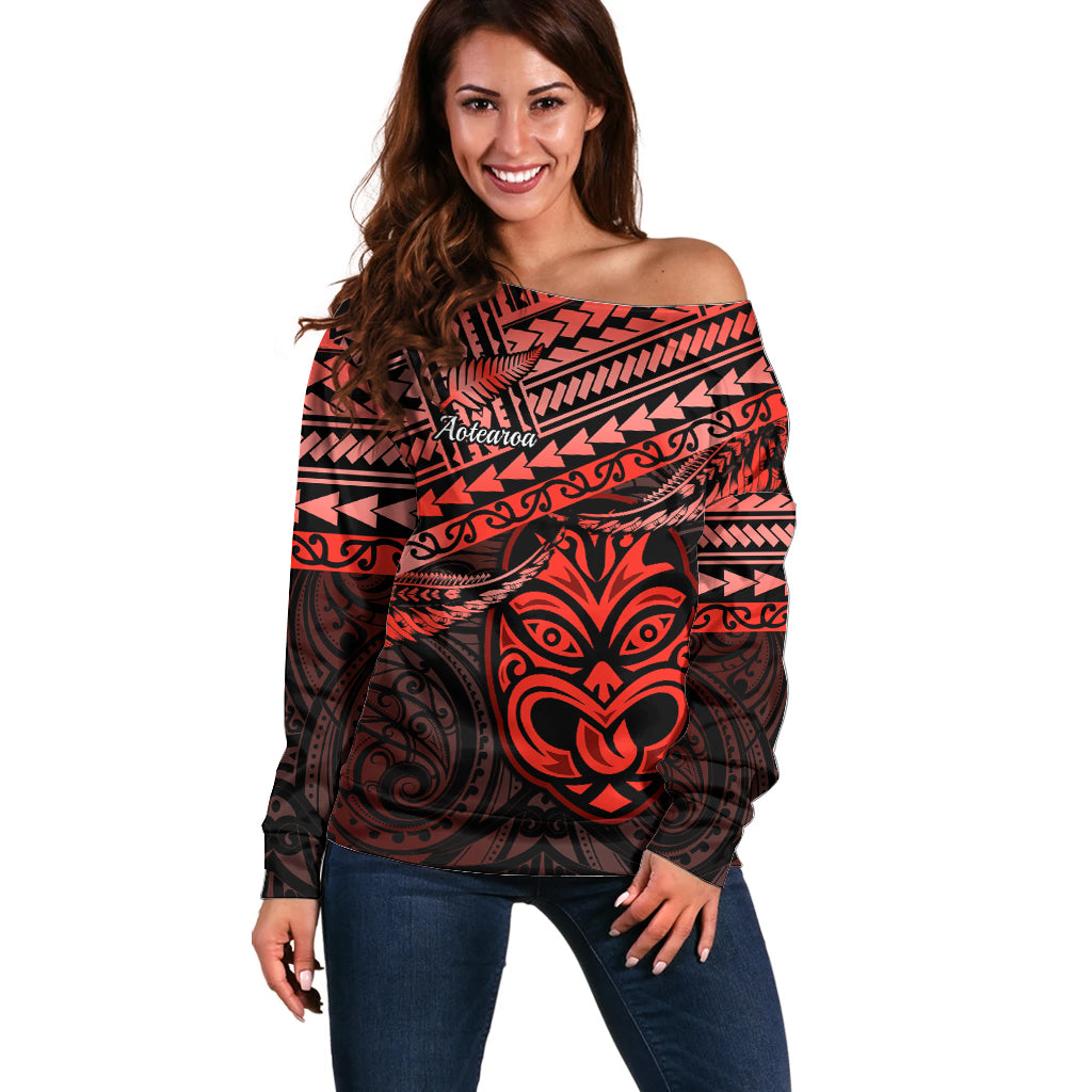 Matariki New Zealand Off Shoulder Sweater Maori New Year Tiki Red Version LT14