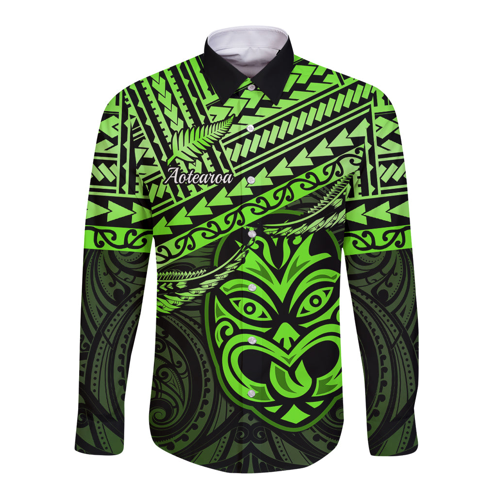Matariki New Zealand Long Sleeve Button Shirt Maori New Year Tiki Green Version LT14 Unisex Green - Polynesian Pride