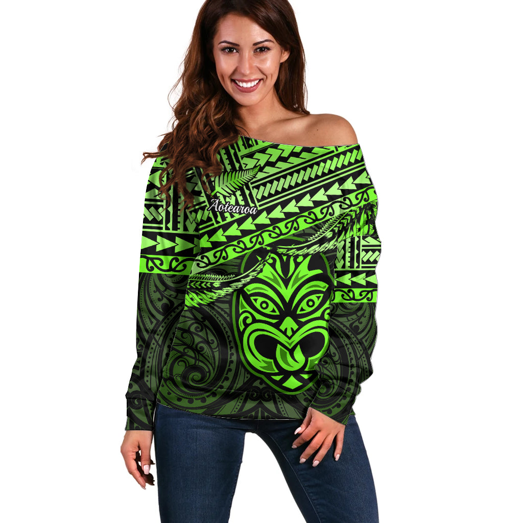 Matariki New Zealand Off Shoulder Sweater Maori New Year Tiki Green Version LT14