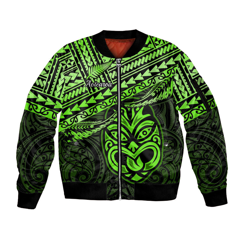 Matariki New Zealand Sleeve Zip Bomber Jacket Maori New Year Tiki Green Version LT14 Unisex Green - Polynesian Pride