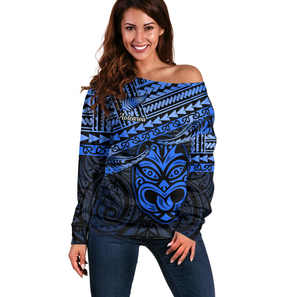 Matariki New Zealand Off Shoulder Sweater Maori New Year Tiki Blue Version LT14