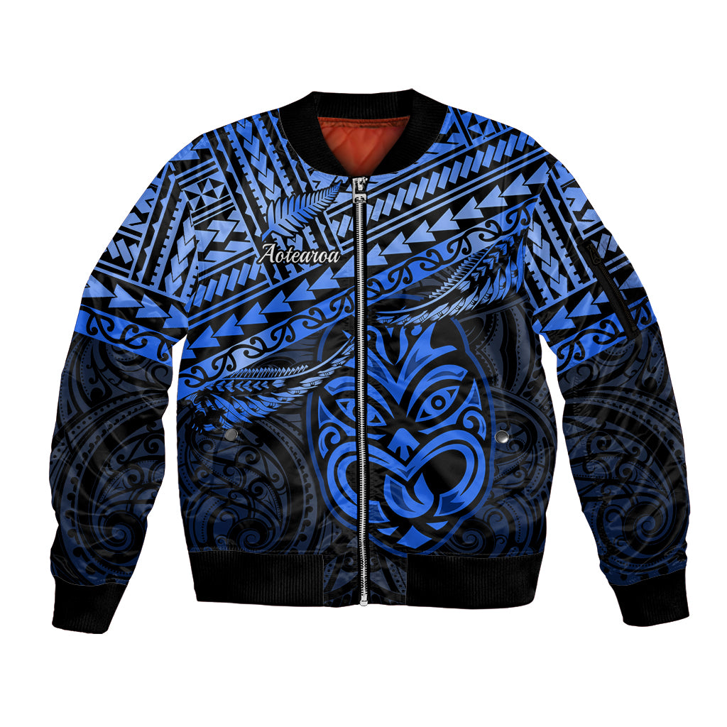 Matariki New Zealand Sleeve Zip Bomber Jacket Maori New Year Tiki Blue Version LT14 Unisex Blue - Polynesian Pride