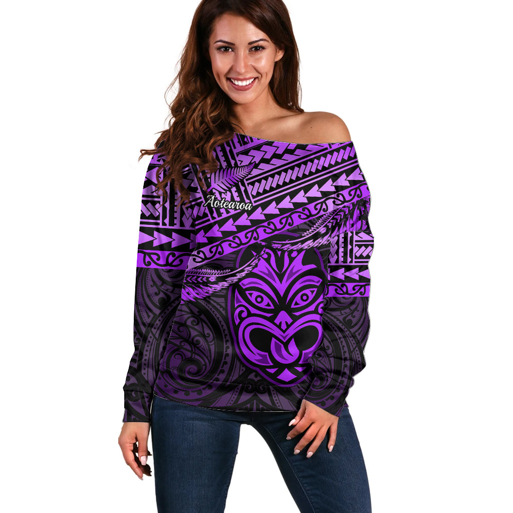 Matariki New Zealand Off Shoulder Sweater Maori New Year Tiki Purple Version LT14