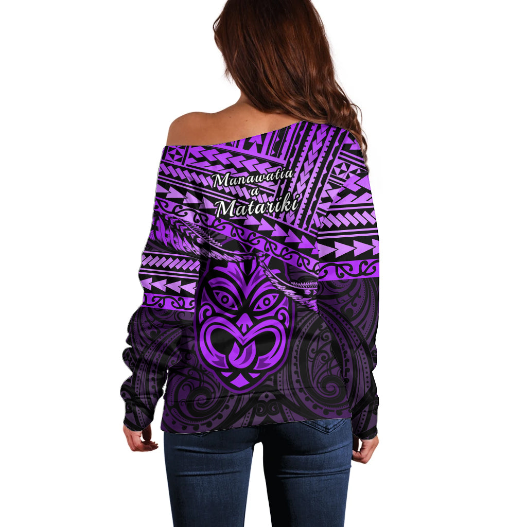 Matariki New Zealand Off Shoulder Sweater Maori New Year Tiki Purple Version LT14 - Polynesian Pride