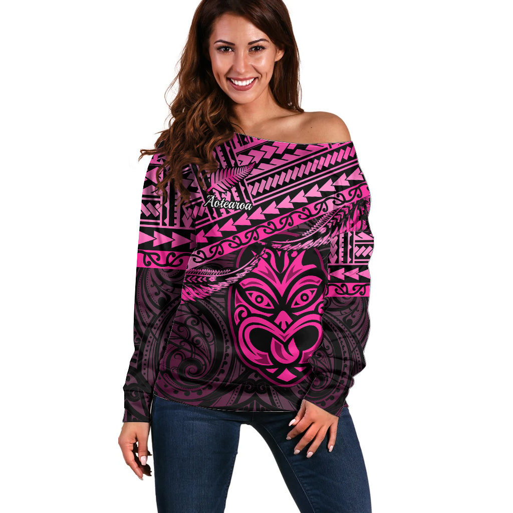 Matariki New Zealand Off Shoulder Sweater Maori New Year Tiki Pink Version LT14 Women Pink - Polynesian Pride