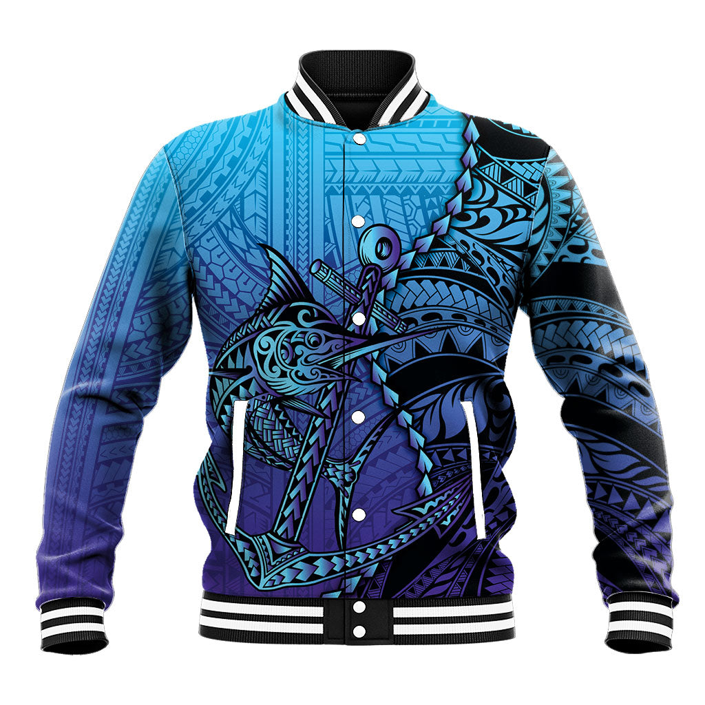 Personalised Polynesia Blue Marlin Fishing Baseball Jacket Marlin Anchor Tattoo Polynesian Pattern LT14 Unisex Purple - Polynesian Pride