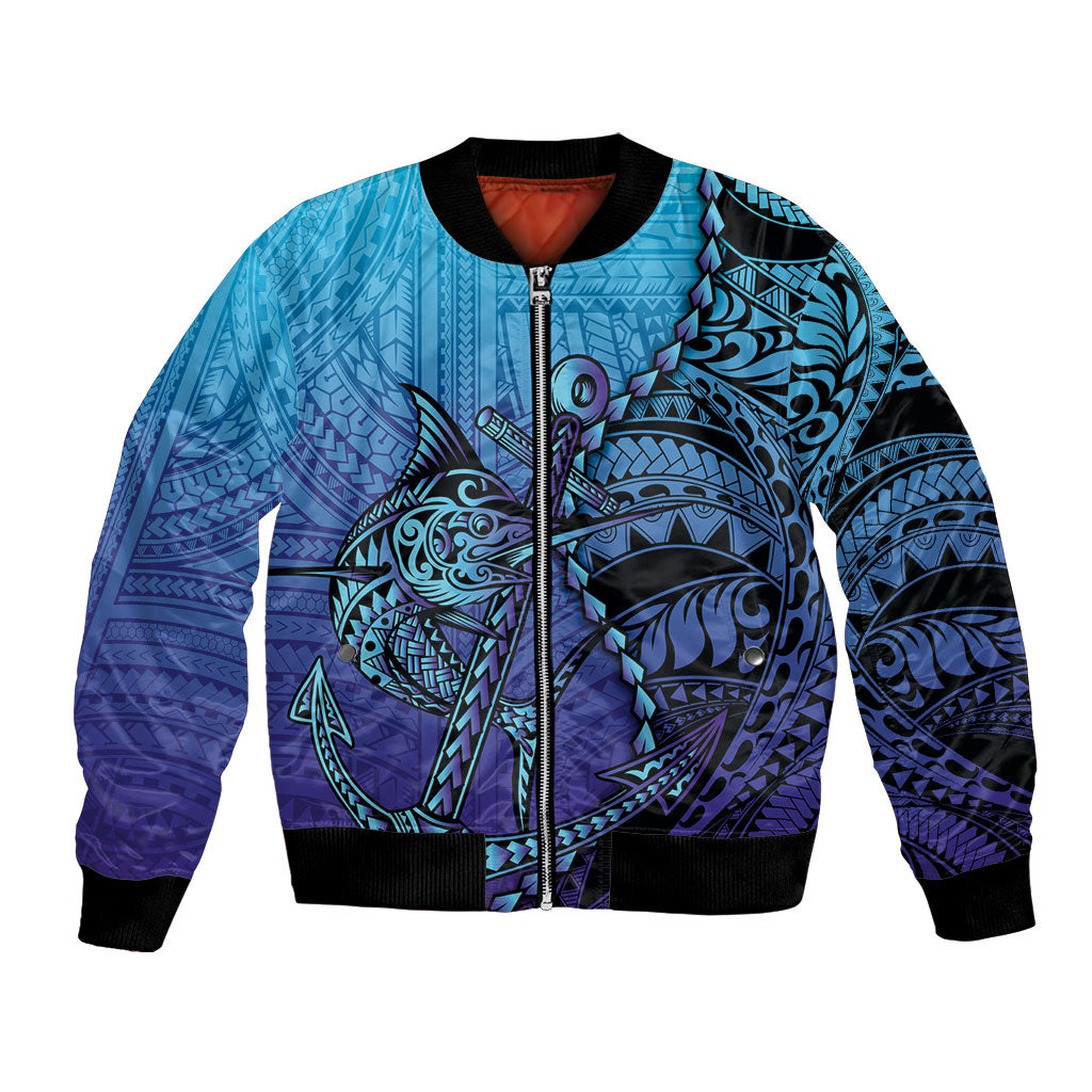 Personalised Polynesia Blue Marlin Fishing Bomber Jacket Marlin Anchor Tattoo Polynesian Pattern LT14 Unisex Purple - Polynesian Pride