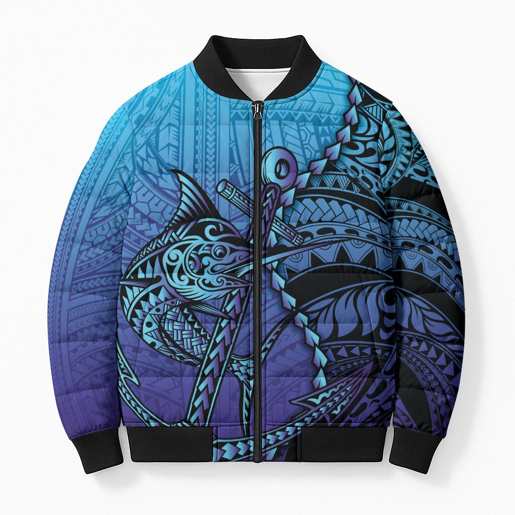 Personalised Polynesia Blue Marlin Fishing Bomber Puffer Jacket Marlin Anchor Tattoo Polynesian Pattern LT14 Unisex Purple - Polynesian Pride