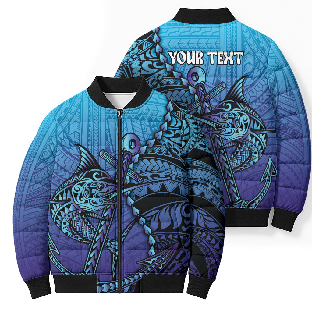 Personalised Polynesia Blue Marlin Fishing Bomber Puffer Jacket Marlin Anchor Tattoo Polynesian Pattern LT14 - Polynesian Pride