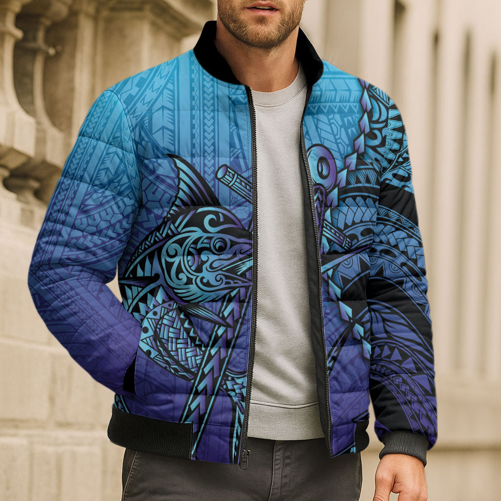 Personalised Polynesia Blue Marlin Fishing Bomber Puffer Jacket Marlin Anchor Tattoo Polynesian Pattern LT14 - Polynesian Pride