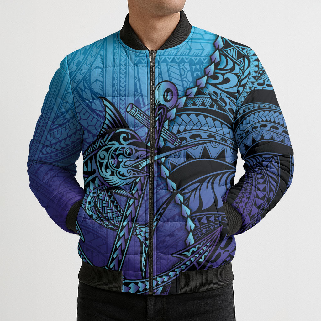 Personalised Polynesia Blue Marlin Fishing Bomber Puffer Jacket Marlin Anchor Tattoo Polynesian Pattern LT14 - Polynesian Pride