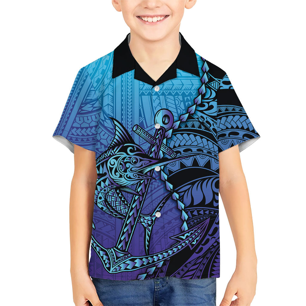Personalised Polynesia Blue Marlin Fishing Kid Hawaiian Shirt Marlin Anchor Tattoo Polynesian Pattern LT14 Kid Purple - Polynesian Pride