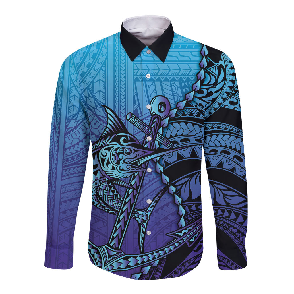 Personalised Polynesia Blue Marlin Fishing Long Sleeve Button Shirt Marlin Anchor Tattoo Polynesian Pattern LT14 Unisex Purple - Polynesian Pride