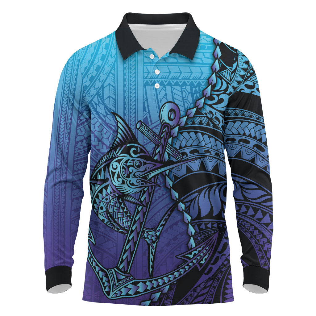 Personalised Polynesia Blue Marlin Fishing Long Sleeve Polo Shirt Marlin Anchor Tattoo Polynesian Pattern LT14 Purple - Polynesian Pride