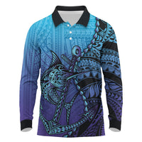 Personalised Polynesia Blue Marlin Fishing Long Sleeve Polo Shirt Marlin Anchor Tattoo Polynesian Pattern LT14 Purple - Polynesian Pride