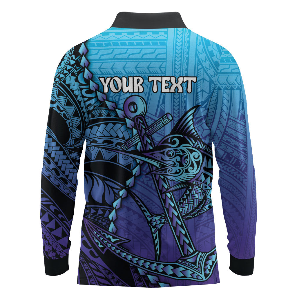 Personalised Polynesia Blue Marlin Fishing Long Sleeve Polo Shirt Marlin Anchor Tattoo Polynesian Pattern LT14 - Polynesian Pride
