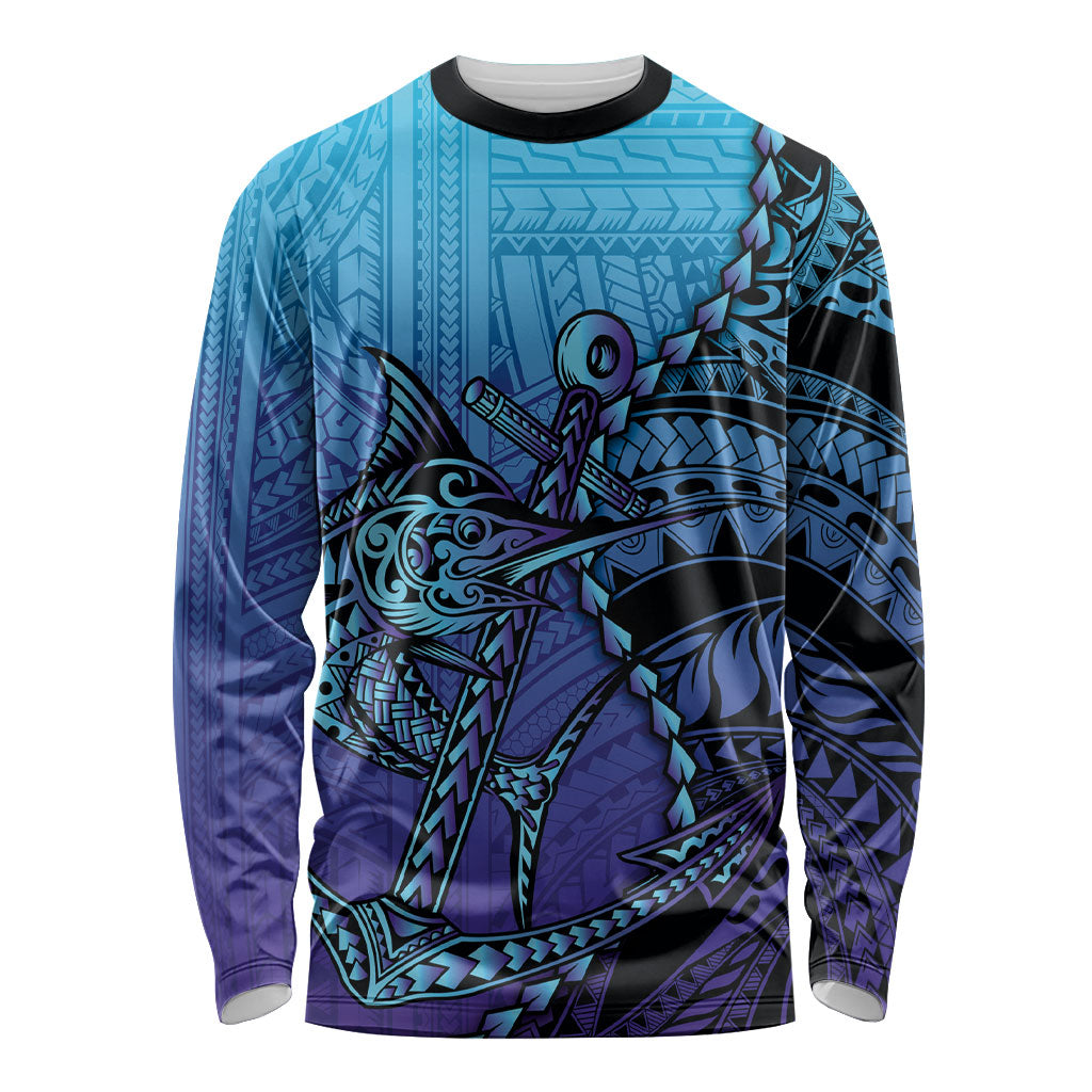 Personalised Polynesia Blue Marlin Fishing Long Sleeve Shirt Marlin Anchor Tattoo Polynesian Pattern LT14 Unisex Purple - Polynesian Pride