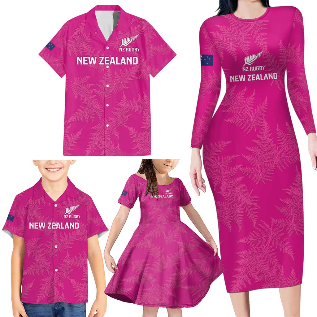 Custom New Zealand Silver Fern Rugby Family Matching Long Sleeve Bodycon Dress and Hawaiian Shirt Go Aotearoa - Pink Version