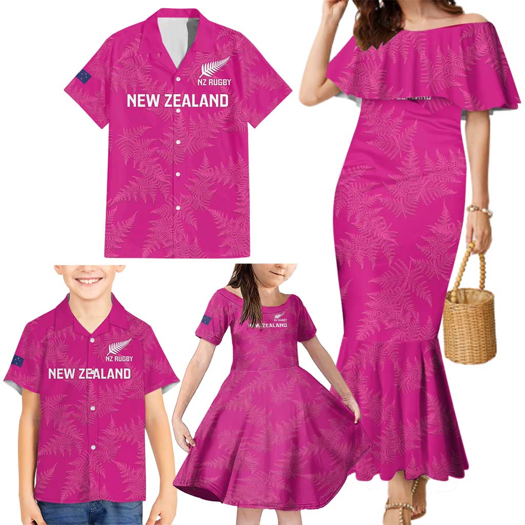 Custom New Zealand Silver Fern Rugby Family Matching Mermaid Dress and Hawaiian Shirt Go Aotearoa - Pink Version