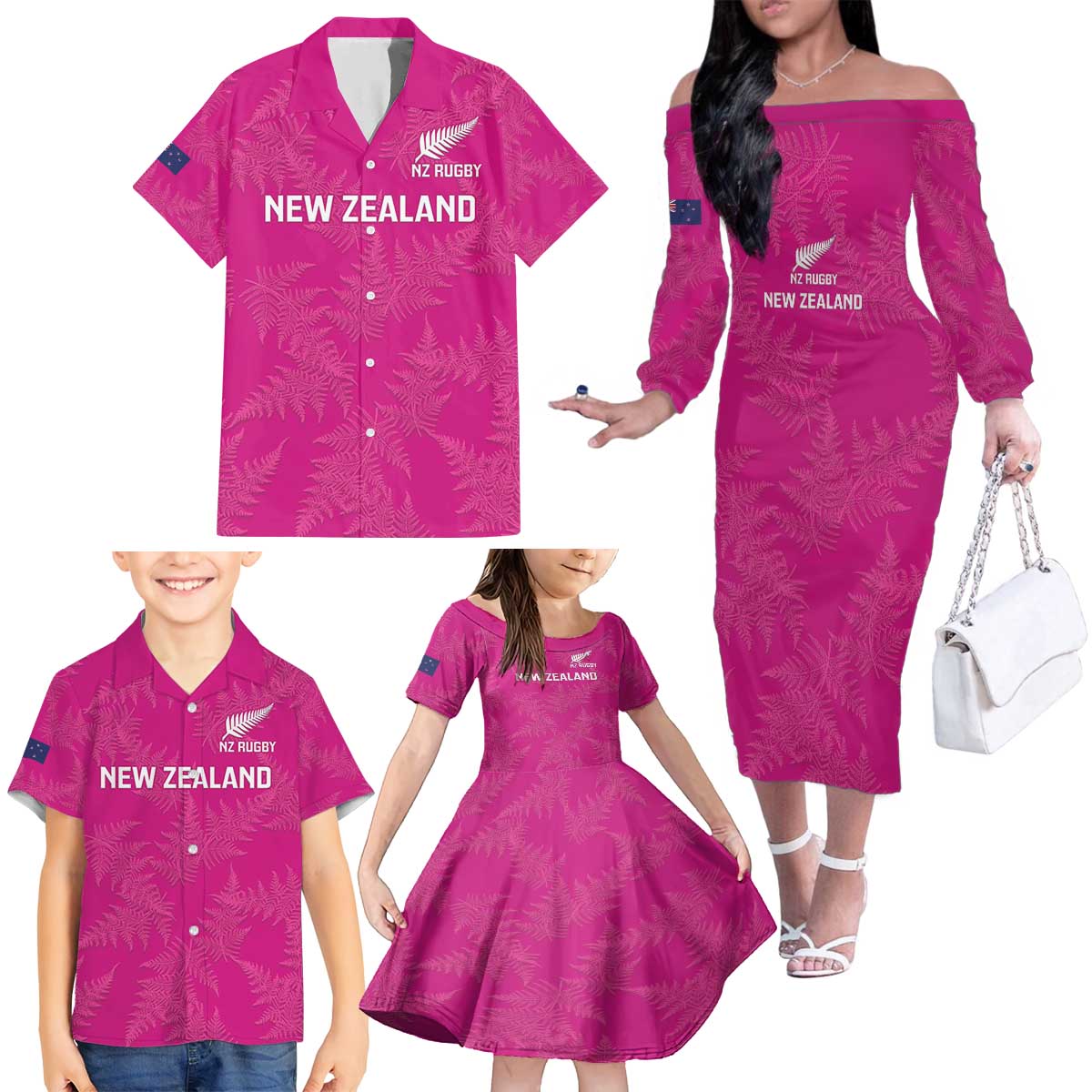 Custom New Zealand Silver Fern Rugby Family Matching Off The Shoulder Long Sleeve Dress and Hawaiian Shirt Go Aotearoa - Pink Version