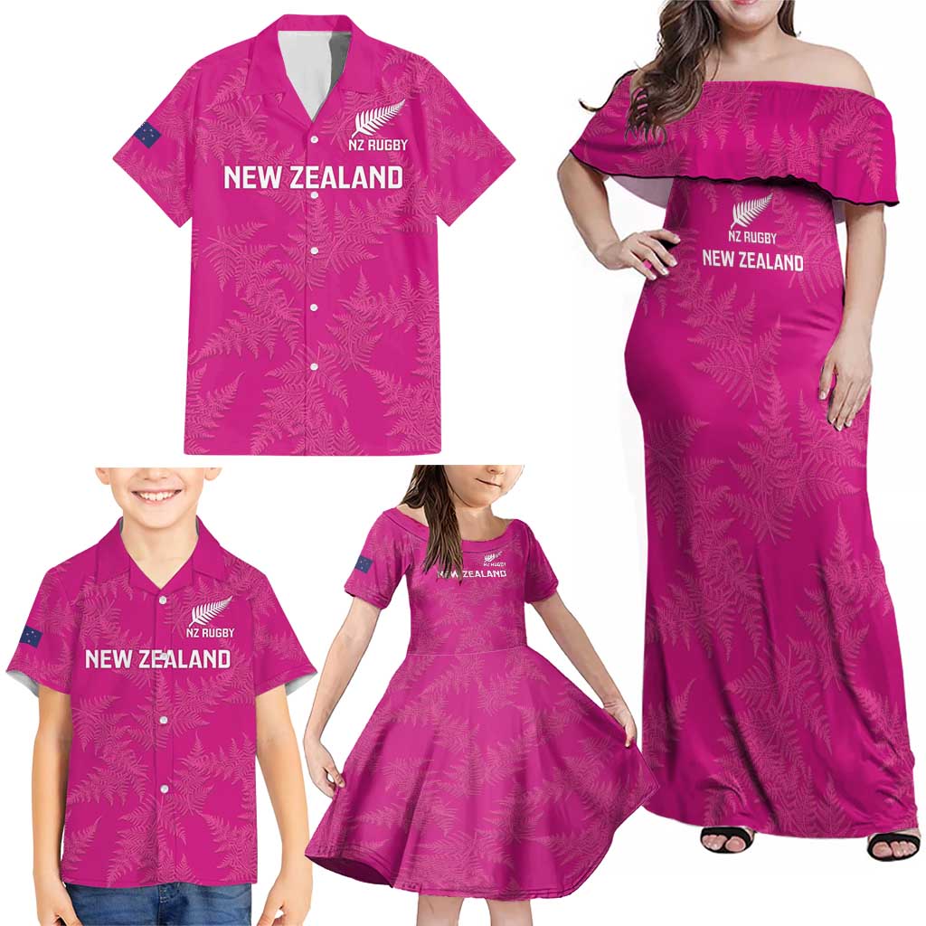 Custom New Zealand Silver Fern Rugby Family Matching Off Shoulder Maxi Dress and Hawaiian Shirt Go Aotearoa - Pink Version