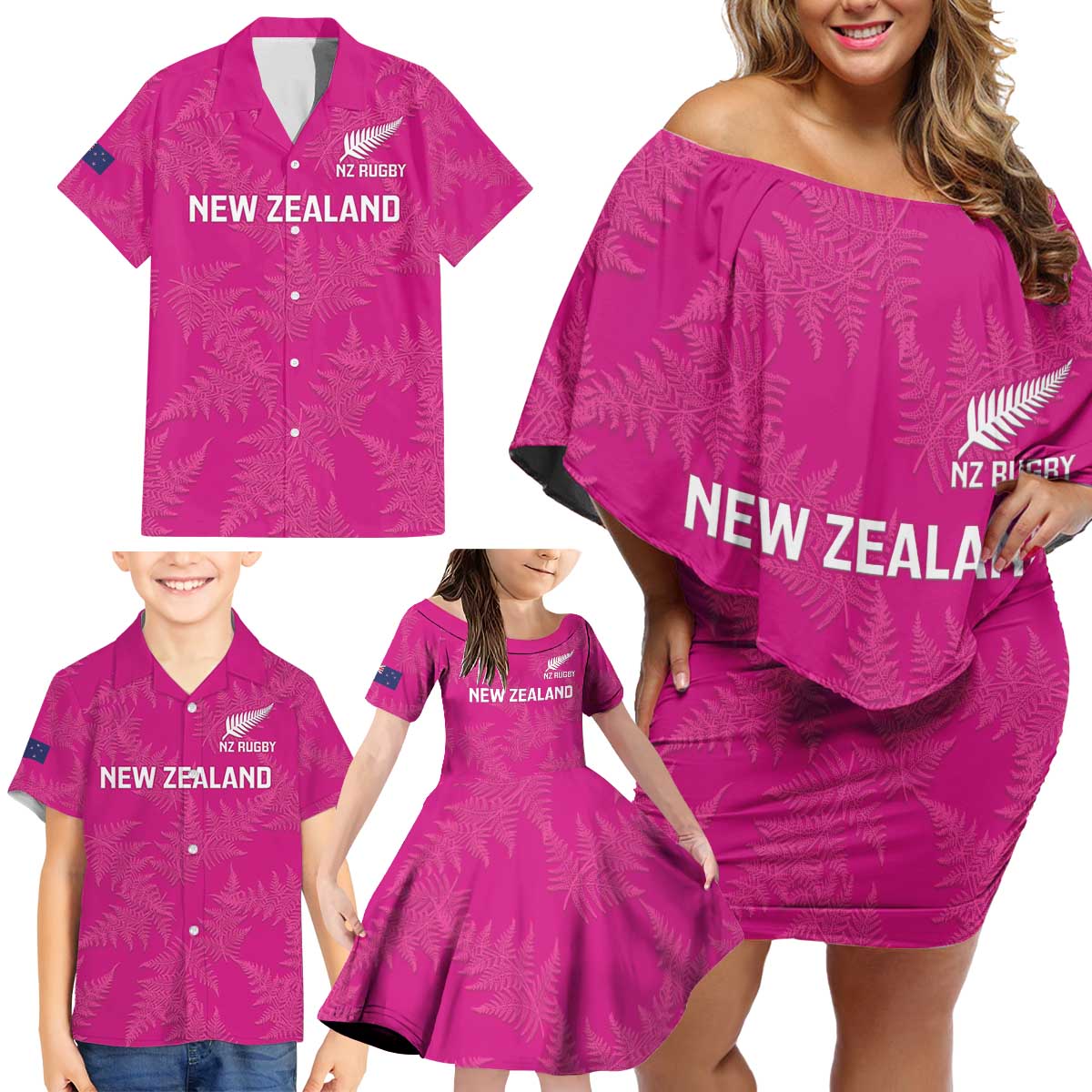 Custom New Zealand Silver Fern Rugby Family Matching Off Shoulder Short Dress and Hawaiian Shirt Go Aotearoa - Pink Version