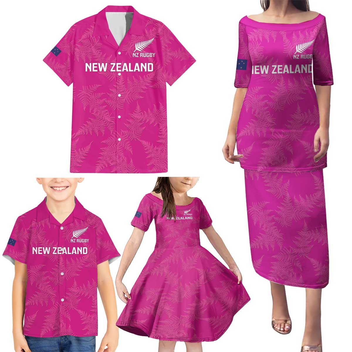Custom New Zealand Silver Fern Rugby Family Matching Puletasi and Hawaiian Shirt Go Aotearoa - Pink Version