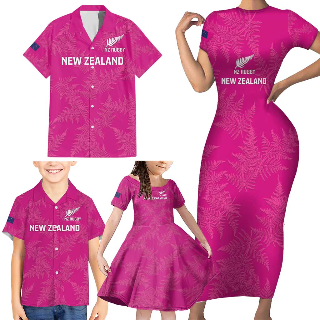 Custom New Zealand Silver Fern Rugby Family Matching Short Sleeve Bodycon Dress and Hawaiian Shirt Go Aotearoa - Pink Version