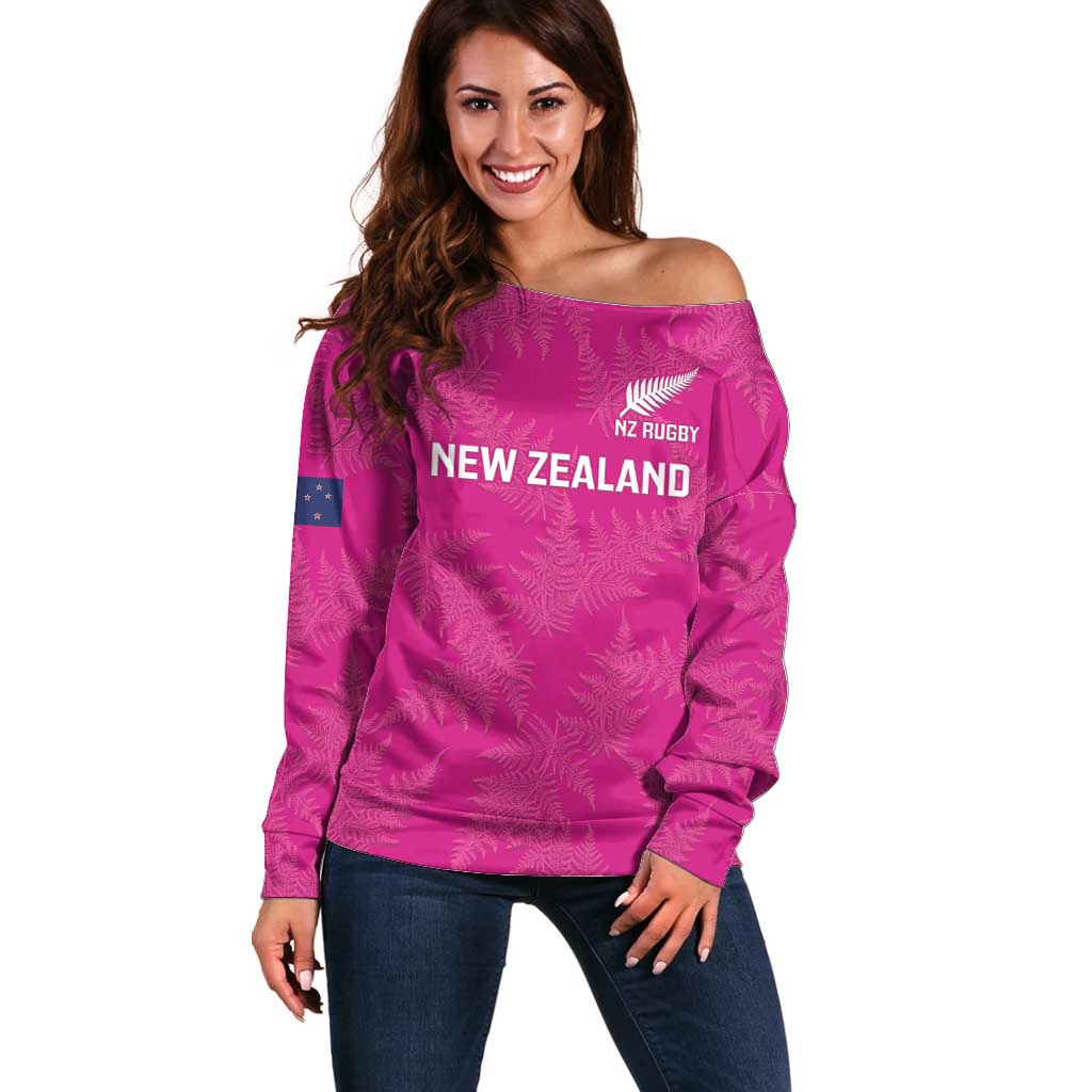 Custom New Zealand Silver Fern Rugby Off Shoulder Sweater Go Aotearoa - Pink Version LT14 Women Pink - Polynesian Pride