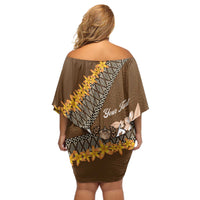 Personalised Tonga Language Week Off Shoulder Short Dress Malo e Lelei Tongan Ngatu Pattern - Brown LT14 - Polynesian Pride