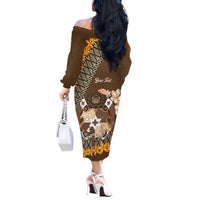 Personalised Tonga Language Week Off The Shoulder Long Sleeve Dress Malo e Lelei Tongan Ngatu Pattern - Brown LT14 - Polynesian Pride