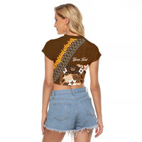 Personalised Tonga Language Week Raglan Cropped T Shirt Malo e Lelei Tongan Ngatu Pattern - Brown LT14 - Polynesian Pride