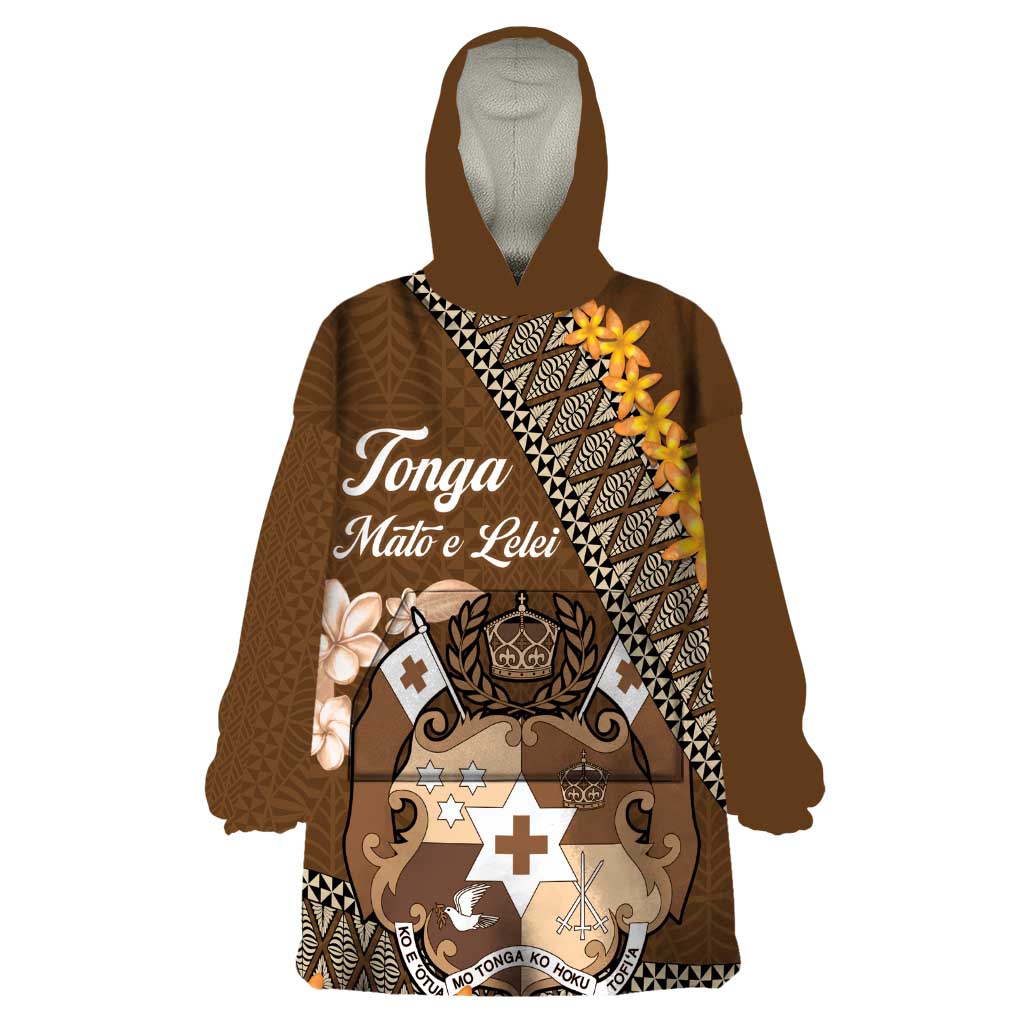 Personalised Tonga Language Week Wearable Blanket Hoodie Malo e Lelei Tongan Ngatu Pattern - Brown