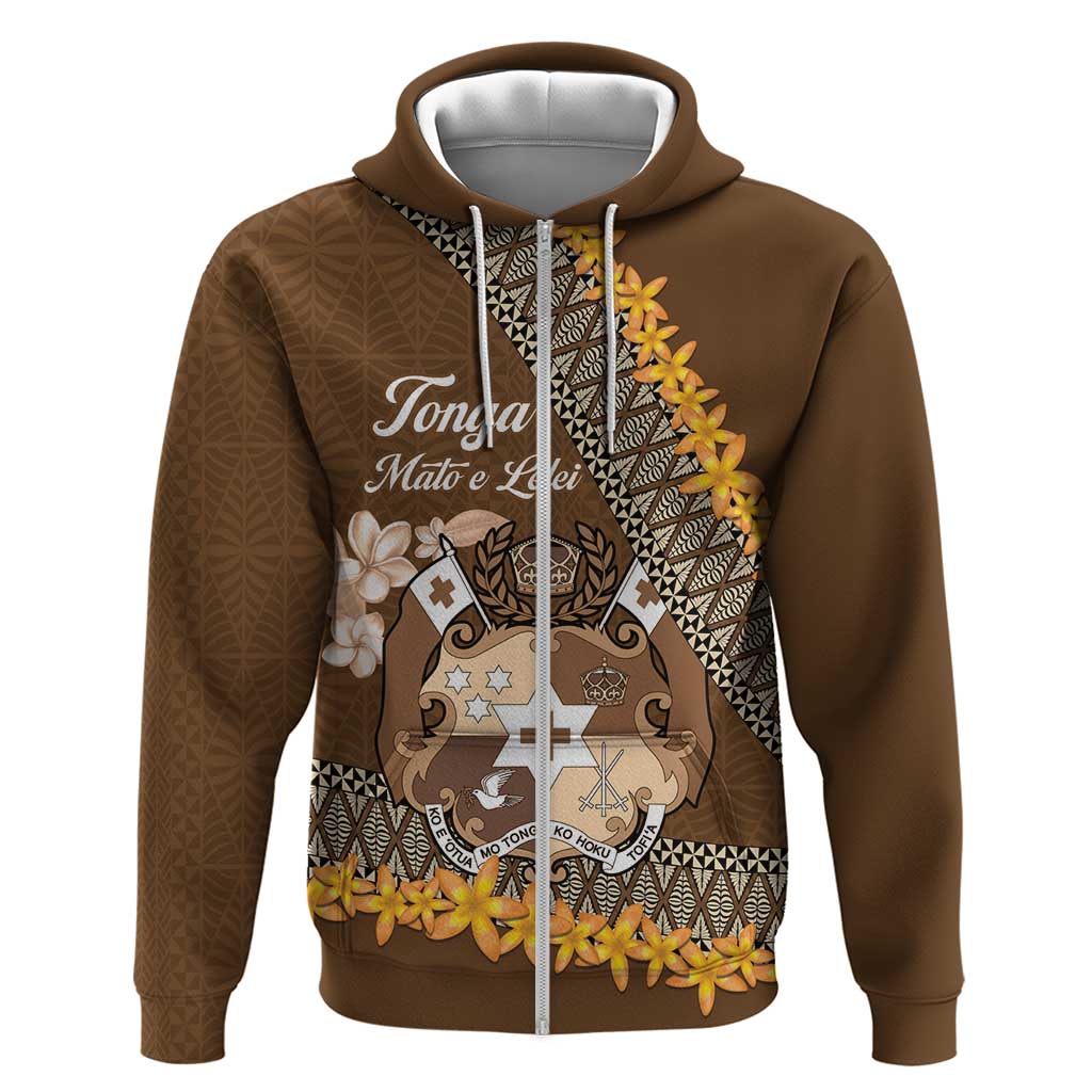 Personalised Tonga Language Week Zip Hoodie Malo e Lelei Tongan Ngatu Pattern - Brown LT14 Zip Hoodie Brown - Polynesian Pride