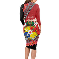 Personalised Tonga Language Week Long Sleeve Bodycon Dress Malo e Lelei Tongan Ngatu Pattern - Red LT14 - Polynesian Pride
