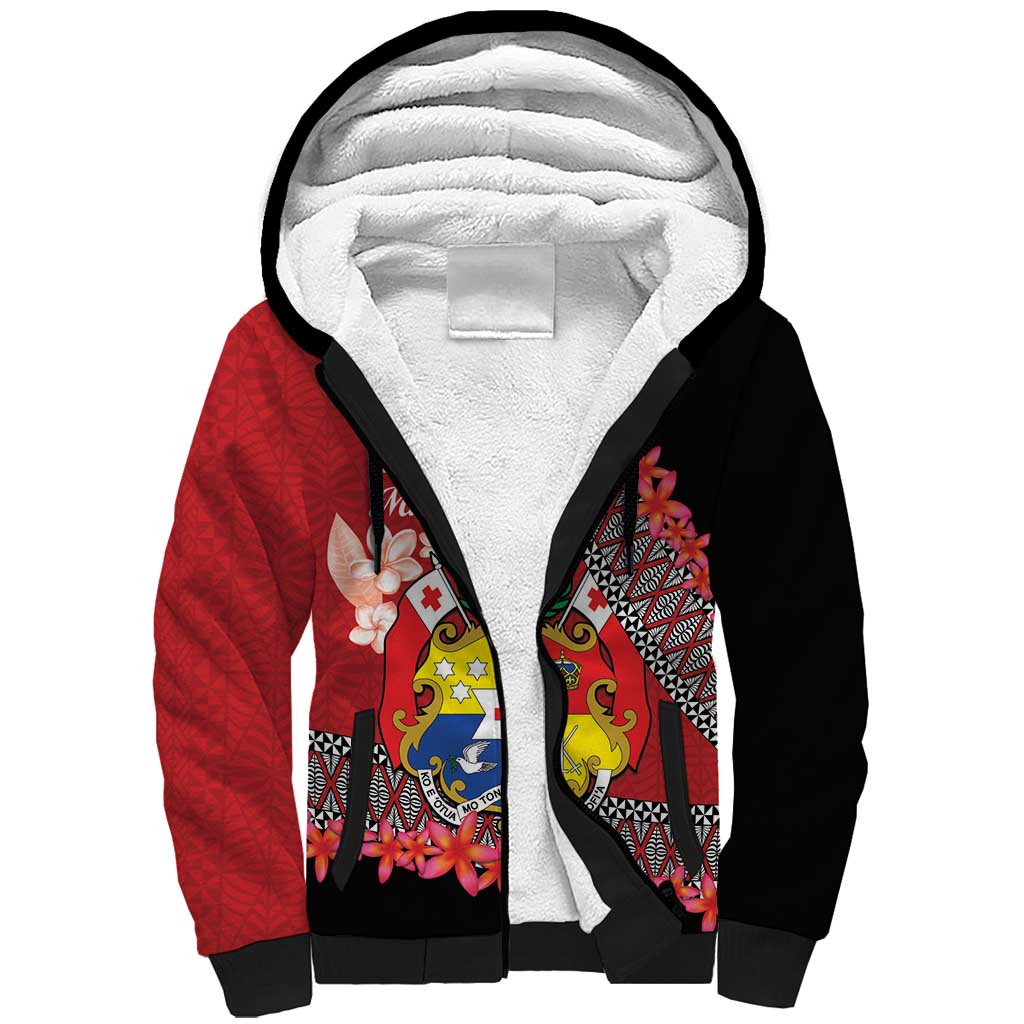 Personalised Tonga Language Week Sherpa Hoodie Malo e Lelei Tongan Ngatu Pattern - Red