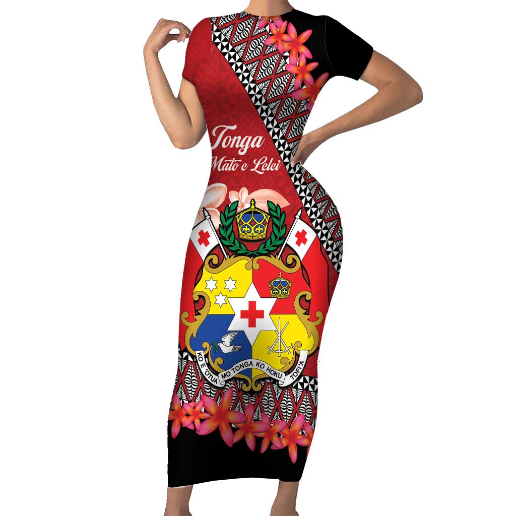 Personalised Tonga Language Week Short Sleeve Bodycon Dress Malo e Lelei Tongan Ngatu Pattern - Red LT14 Long Dress Red - Polynesian Pride