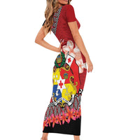 Personalised Tonga Language Week Short Sleeve Bodycon Dress Malo e Lelei Tongan Ngatu Pattern - Red LT14 - Polynesian Pride