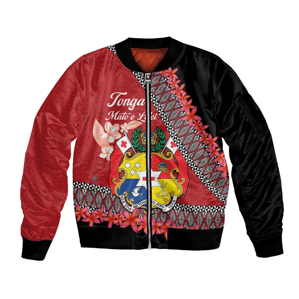 Personalised Tonga Language Week Sleeve Zip Bomber Jacket Malo e Lelei Tongan Ngatu Pattern - Red LT14 Unisex Red - Polynesian Pride